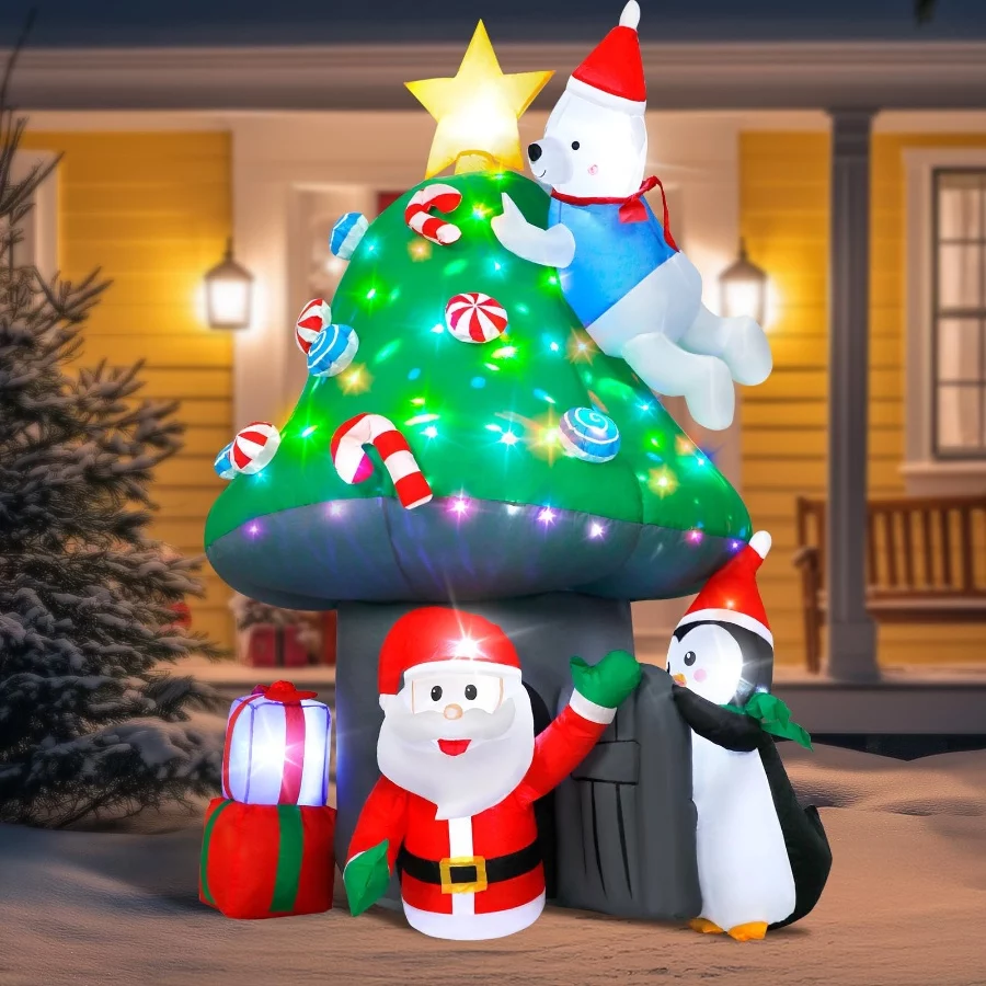 Christmas Inflatable Outdoor Decoration, 7FT Blow Up Mushroom House with Santa, Polar Bear & Penguin - 08 Christmas Inflatable Outdoor Decoration 7FT Blow Up Mushroom House with Santa Polar Bear Penguin 08