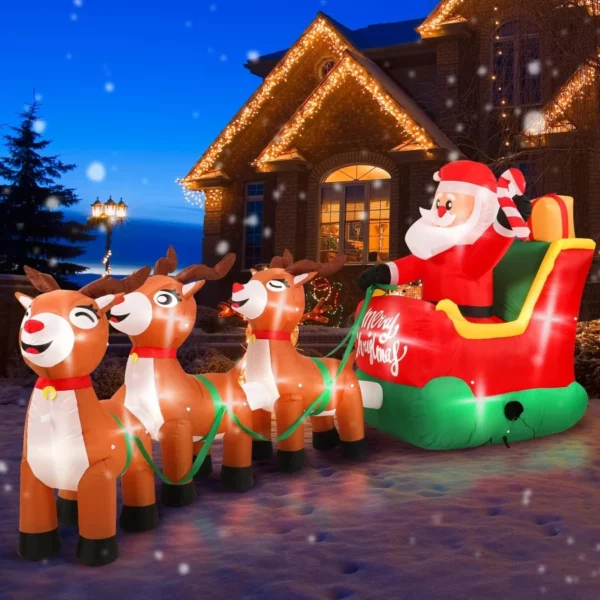 12FT Christmas Inflatable Santa Claus on Sleigh with 3 Reindeer – LED Lighted Blow Up Outdoor Yard Decoration for Garden & Holiday Display