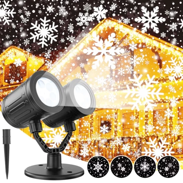 Christmas Snowflake Projector Lights Outdoor, Dual Head LED Snowfall Projector Waterproof Decorative Lamp for Holiday Xmas Yard Wall Decor