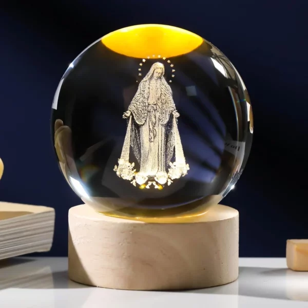 3D Crystal Our Lady of Guadalupe Statue, Laser Etched Virgin Mary Glass Ball Figurine with Wooden Base, Religious Christian Easter Gift Decor