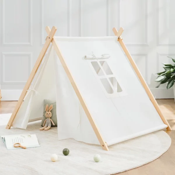 Kids Cotton Teepee Play Tent – Indoor Canvas Playhouse with Natural Wood Poles, Easy Setup, Safe & Spacious Design for Children