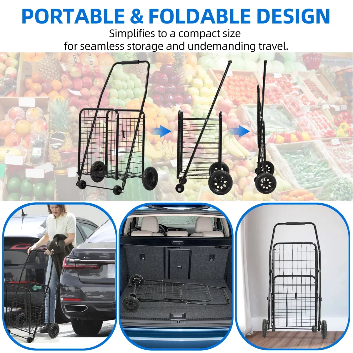 DEXTRUS Metal Folding Shopping Cart Heavy Duty Rolling Grocery Cart with Lockable Wheels and Adjustable Handle 04
