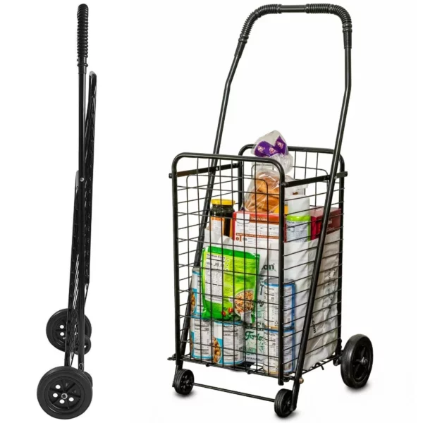 Mainstays Compartment Foldable Rolling Utility Cart with 4 Wheels Collapsible 100lb Capacity, Steel Frame Grocery Laundry & Travel