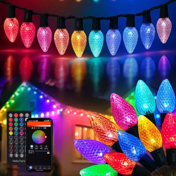 Dazzle Bright Smart C9 Christmas Outdoor Lights 66FT 100 LED RGB String Lights with APP Remote, Music Sync, Waterproof Connectable Xmas Decor