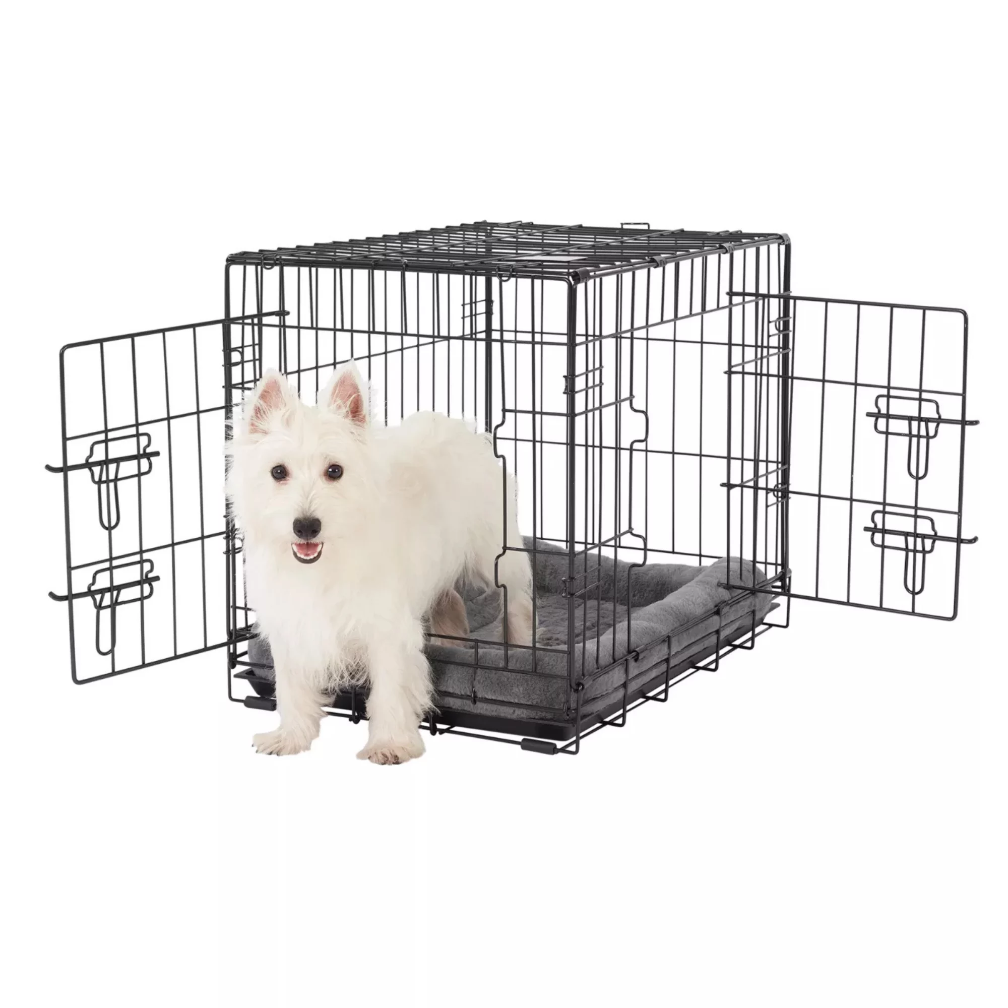 Double Door Folding Wire Dog Crate with Divider Panel – Portable Metal Kennel (2) Double Door Folding Wire Dog Crate with Divider Panel – Portable Metal Kennel 2