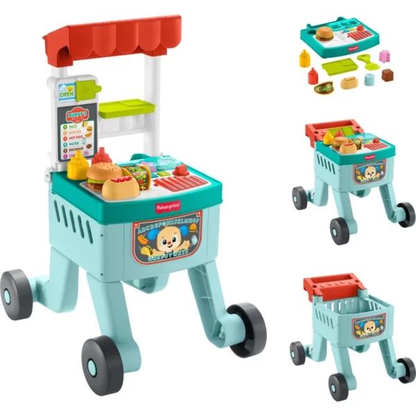 Fisher-Price Baby 4-in-1 Push Walker Snack Cart Toy, Learning Activity with 14 Pieces for Pretend Play Infants Ages 6+ Months