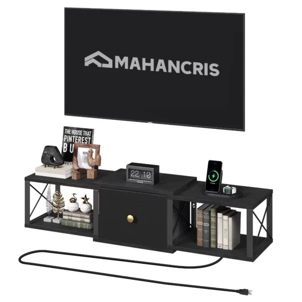 Farmhouse Wall Mounted Floating TV Stand with Power Outlet, Media Console Storage Cabinet with Doors for Living Room