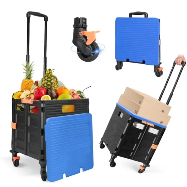 Heavy Duty Foldable Rolling Dolly Cart Portable Handcart with Lid, 360° Rotate Wheels, Perfect for Shopping, Office & Travel
