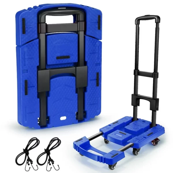 Folding Hand Truck 500lbs, Portable Heavy Duty Dolly Cart, 6 Wheels Collapsible Luggage Cart with 2 Elastic Ropes - Compact Trolley Cart