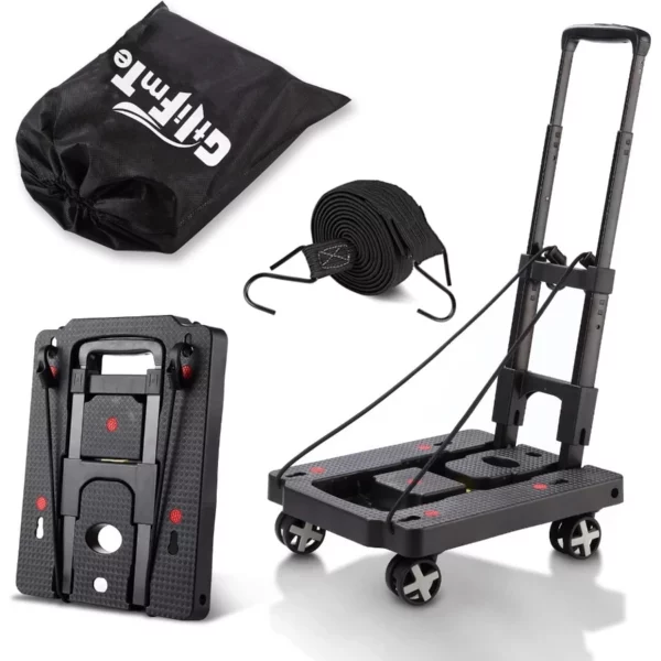 Folding Hand Truck Dolly, Lightweight Luggage Cart with 4 Swivel Wheels, Collapsible Utility Cart with Adjustable Handle