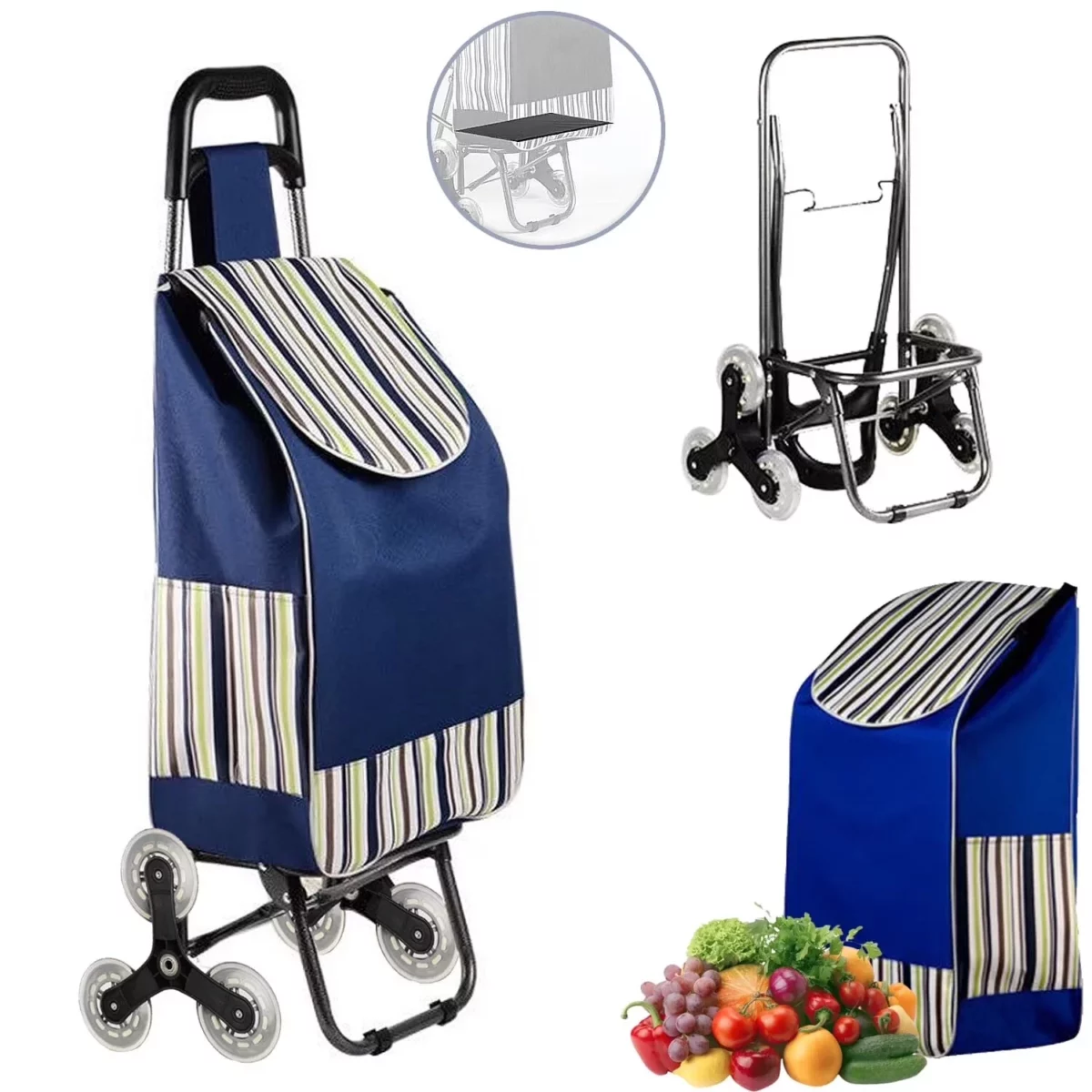 Folding Shopping Cart Heavy Duty Grocery Cart with Wheels Easy Stair Climbing Large Utility Cart Trolley for Groceries Laundry Pantry Garage（Dark Blue） 01