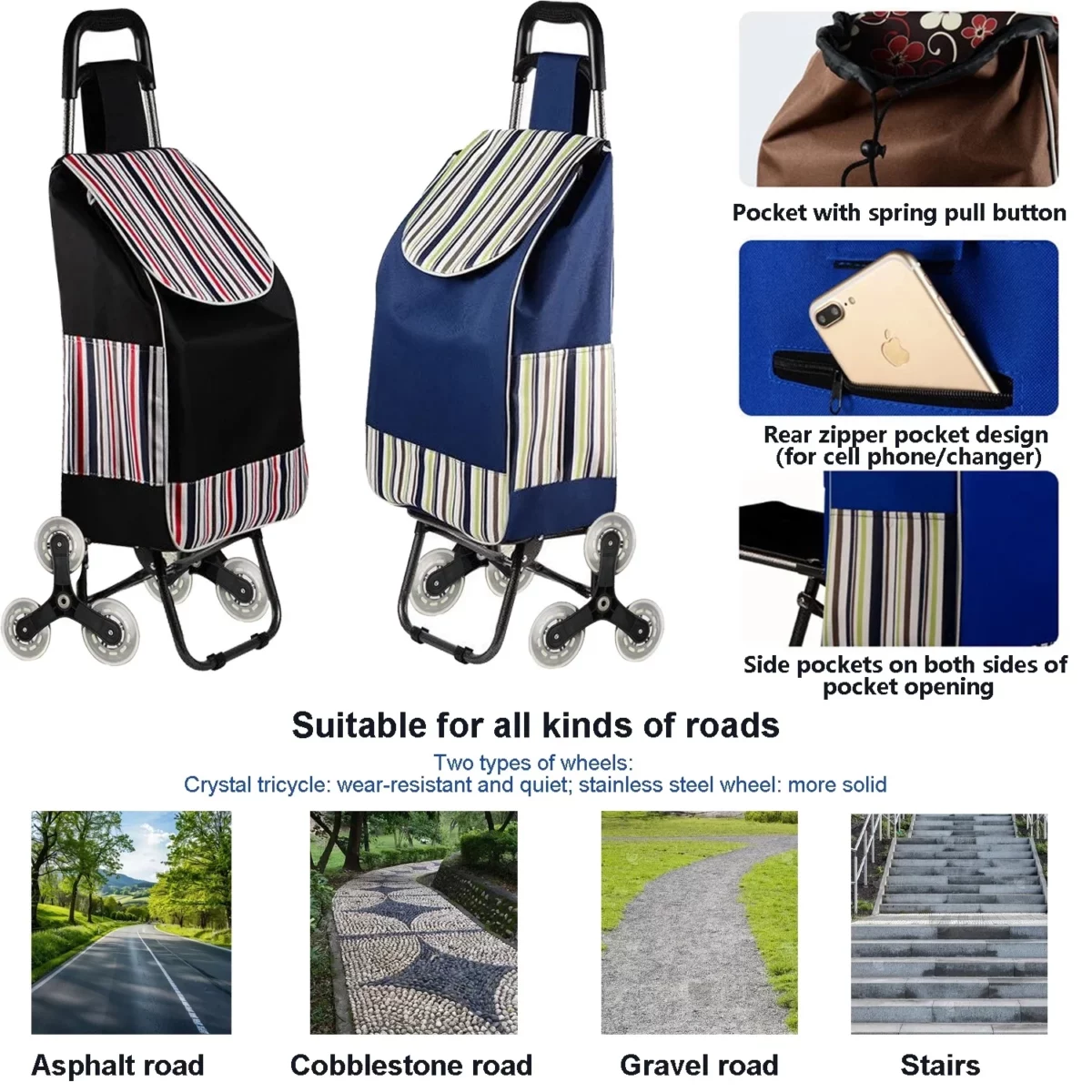 Folding Shopping Cart Heavy Duty Grocery Cart with Wheels Easy Stair Climbing Large Utility Cart Trolley for Groceries Laundry Pantry Garage（Dark Blue） 03