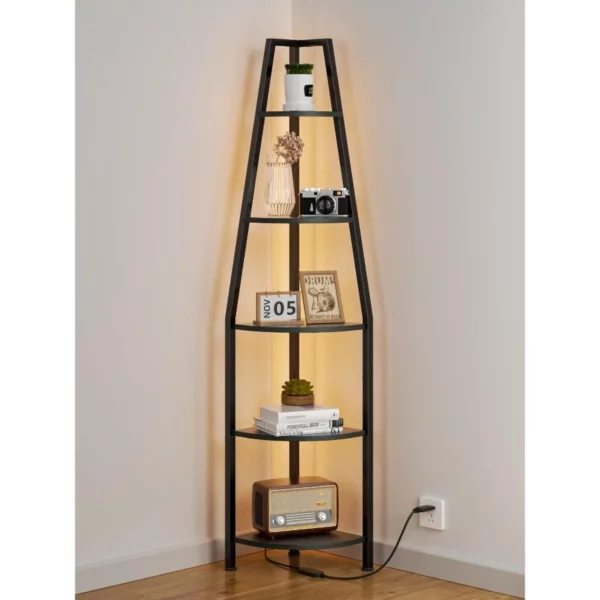 5-Tier Corner Shelf with LED Light, 67.2” Tall Standing Ladder Bookshelf, Narrow Storage Rack for Bedroom Living Room