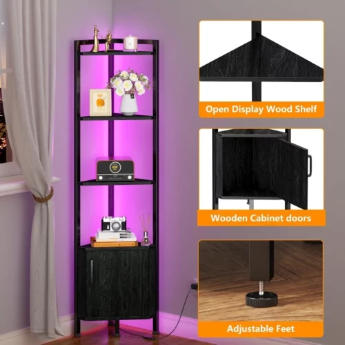 Furnulem Corner Shelf5 Tier Corner Cabinet with Storage and LED Light 62.8 Standing Display Books 07