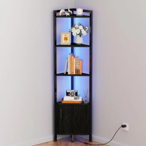 Furnulem Corner Shelf5 Tier Corner Cabinet with Storage and LED Light 62.8 Standing Display Books 08