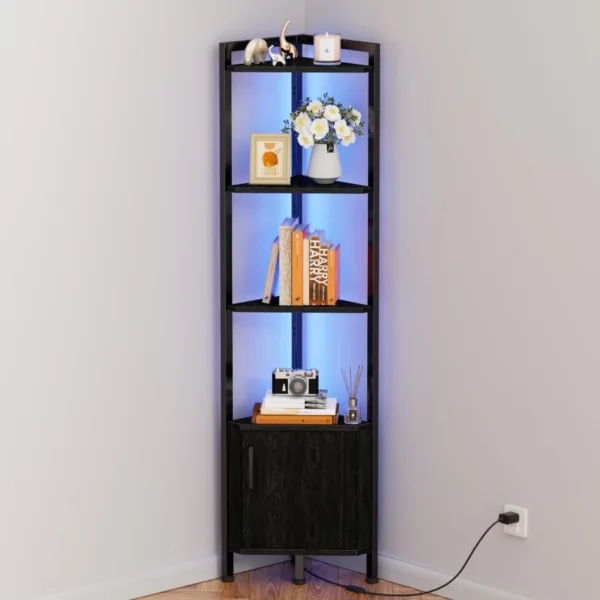 Furnulem 5-Tier Corner Shelf with LED Light, 62.8” Standing Cabinet Bookshelf, Wood Display Storage for Living Room Bedroom