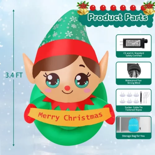GOOSH 3.4 FT Christmas Inflatable Elf Outdoor Decoration Out from Window Blow Up Yard with Elf Merry 02