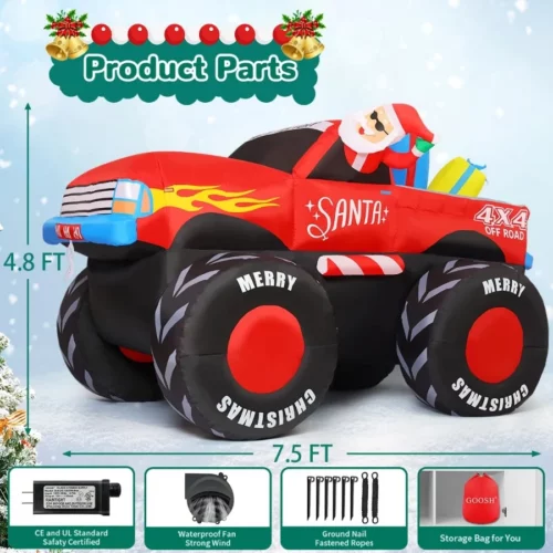 GOOSH 7.5 FT Long Christmas Inflatables Monster Truck Outdoor Decorations Blow Up Yard Santa Claus w 03
