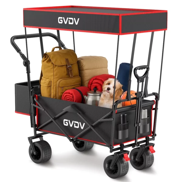 Collapsible Wagon Cart with Removable Canopy – Foldable Utility Cart with All-Terrain Wheels for Kids, Camping, Black