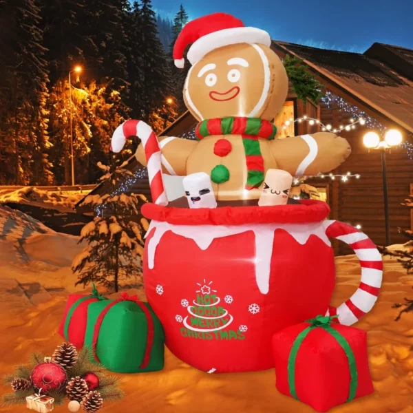 Gardwin 6FT Lighted Gingerbread Inflatable – Cute Christmas Mug Blow Up Yard Decoration with Built-in LEDs for Lawn, Garden & Indoor Party USA