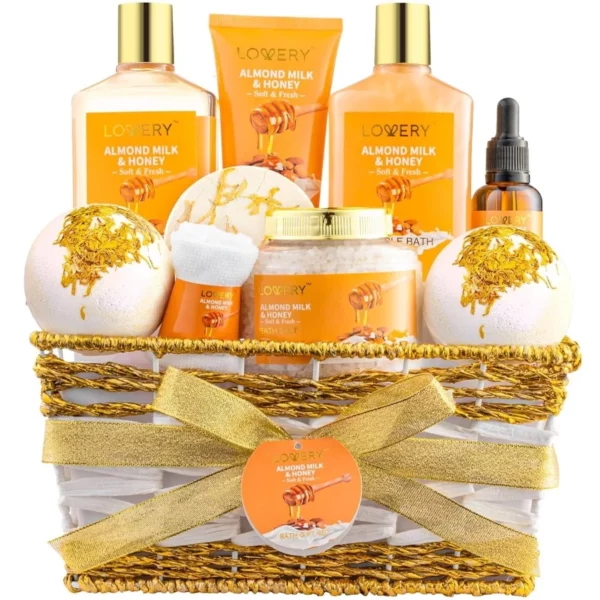 Almond Milk & Honey Spa Gift Basket for Women, 10 Pc Bath Beauty Set for Relaxing Home Spa, Self Care Gift for Mom, Birthday, Anniversary Christmas