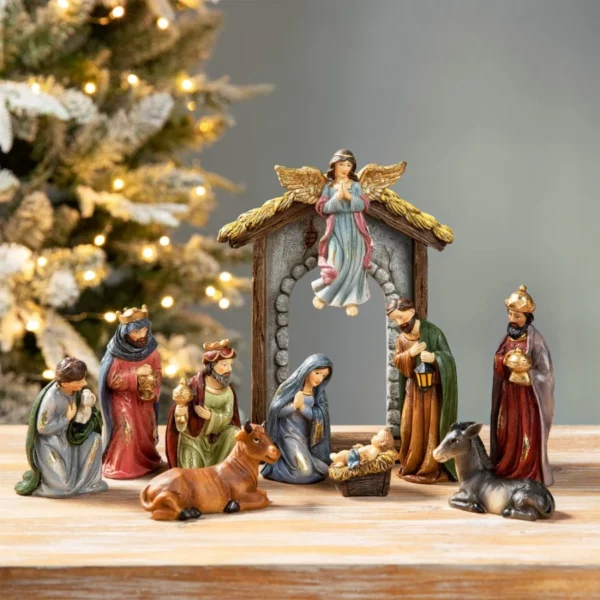 Glitzhome 11Pcs Resin Nativity Set, Christmas Tabletop Decor, Indoor Christian Scene, Beautiful Collectible Miniatures And Statues.