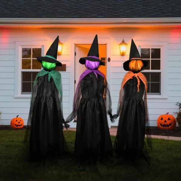 3 PCS Halloween Light Up Holding Hands Witches with Hats, Glowing Face Outdoor Decoration for Garden, Lawn & Haunted House