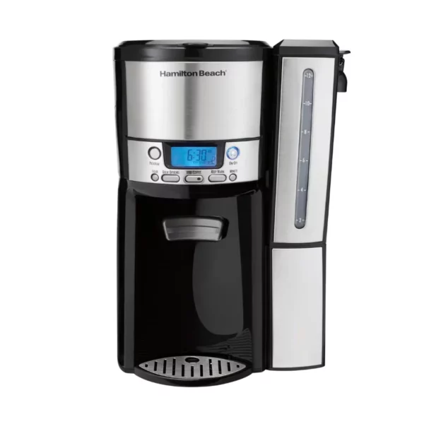 Hamilton Beach 12 Cup One Press Programmable Dispensing Coffee Maker, Internal Pot, 60oz Removable Water Reservoir, Black Stainless