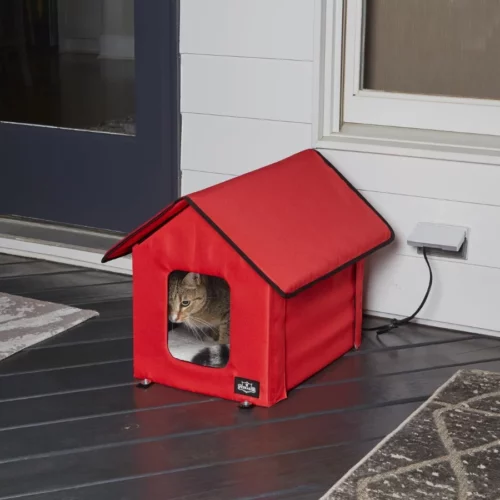 Heated Outdoor Cat Shelter – Insulated Double Door Cat Bed with Zippered Roof Warm Pad Sherpa Lining for Barn or Garage RED 3