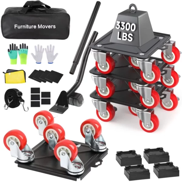Heavy Duty Furniture Dolly with 5 Wheels, 3300lbs Load Capacity, Carbon Steel Mover Tool Set for Easy Moving Home & Office