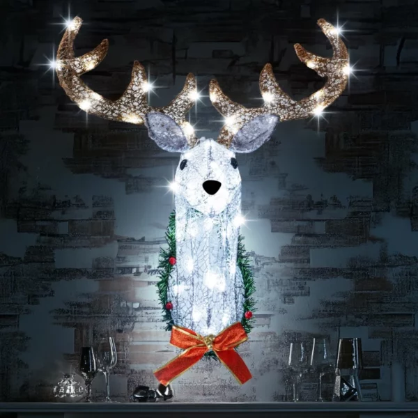 Hourleey 32" Lighted Reindeer Head Christmas Wall Decoration, 3D Battery Operated Wreath with 8 Modes for Indoor Outdoor Xmas Decor