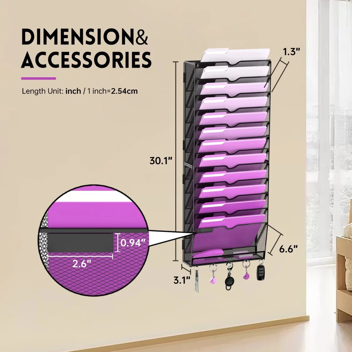 INTIGE 13 Tier Hanging File Organizer with Hooks Wall File Holder for Office HomeBlack 04