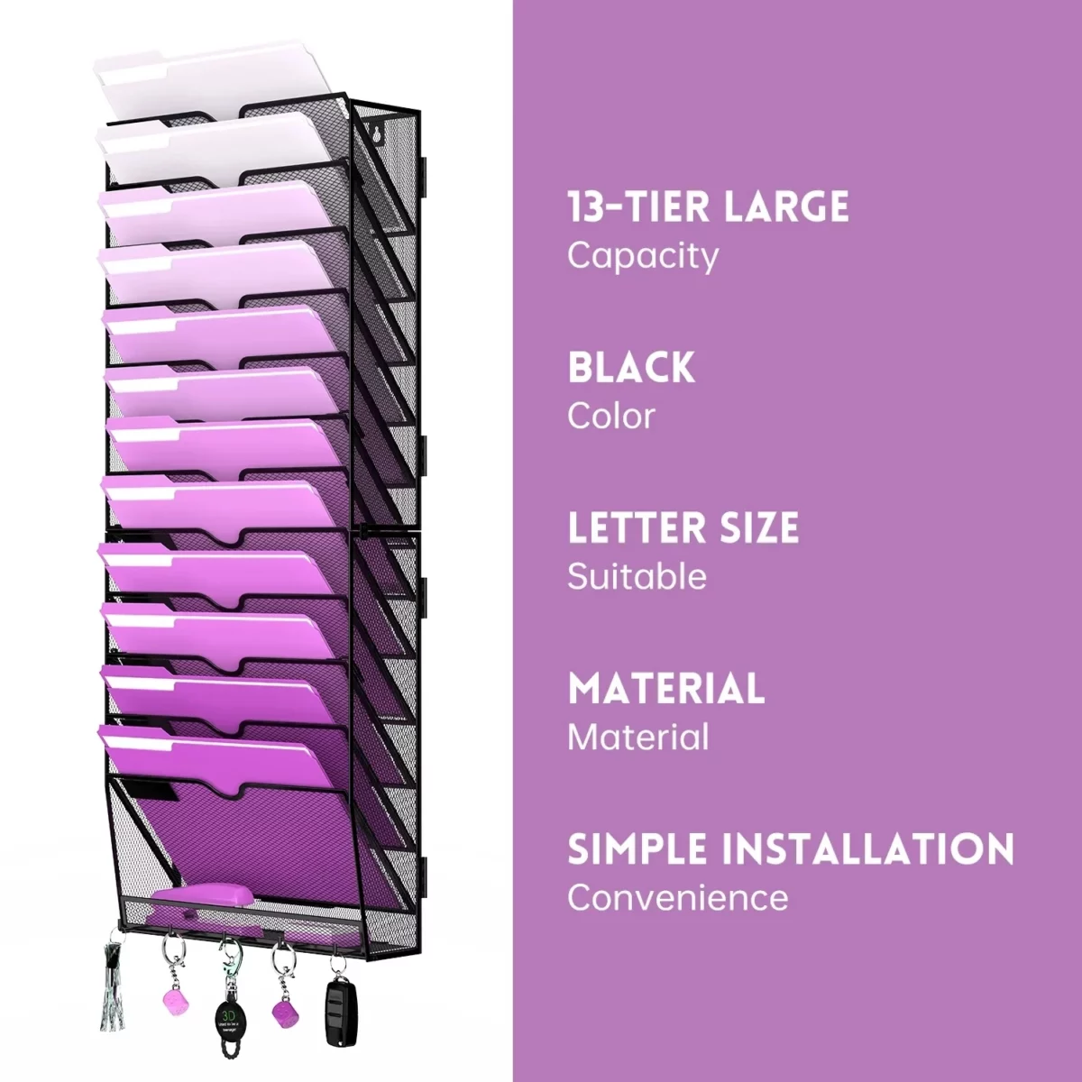 INTIGE 13 Tier Hanging File Organizer with Hooks Wall File Holder for Office HomeBlack 05