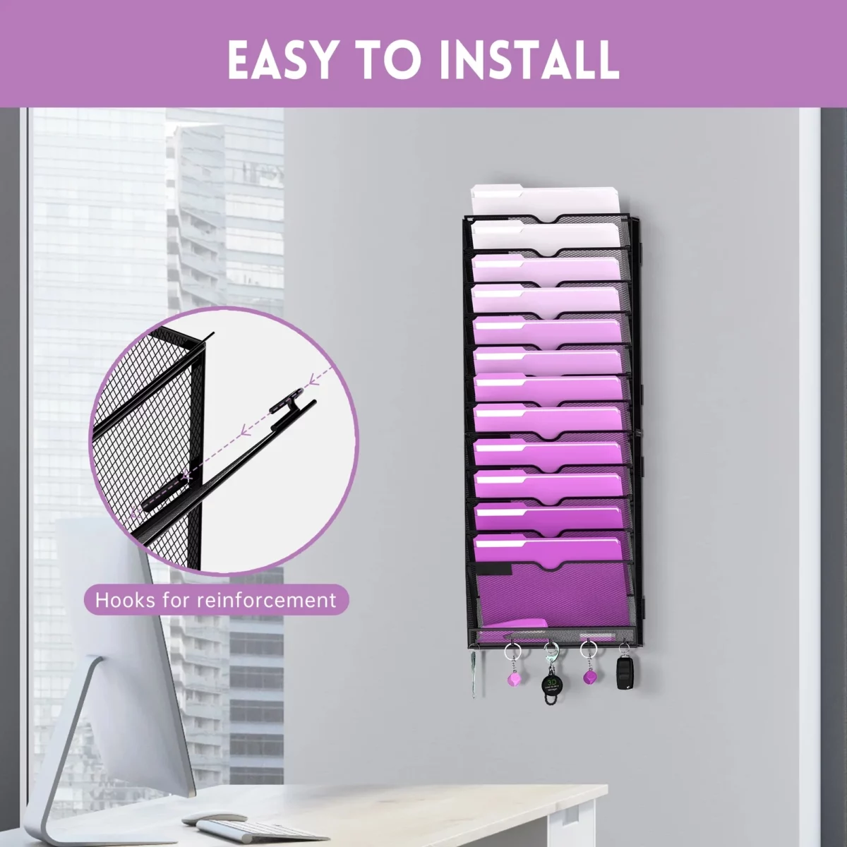 INTIGE 13 Tier Hanging File Organizer with Hooks Wall File Holder for Office HomeBlack 07