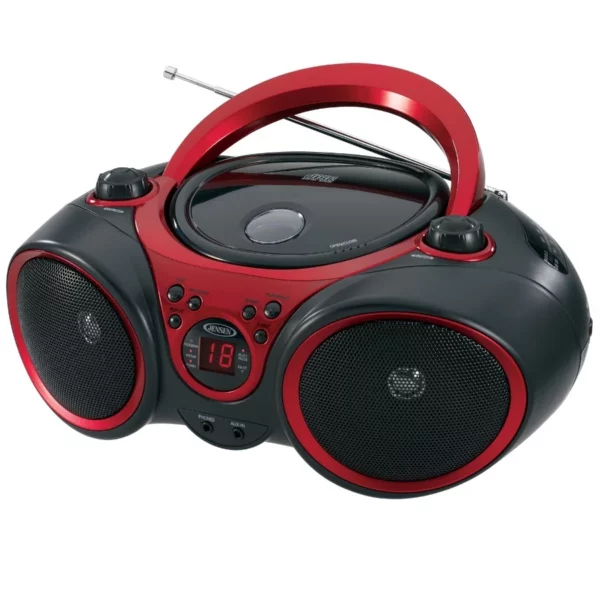 JENSEN CD-490 Red & Black Portable CD Player with AM/FM Radio and Aux Input – Stereo Music Boombox for Home & Outdoor Use