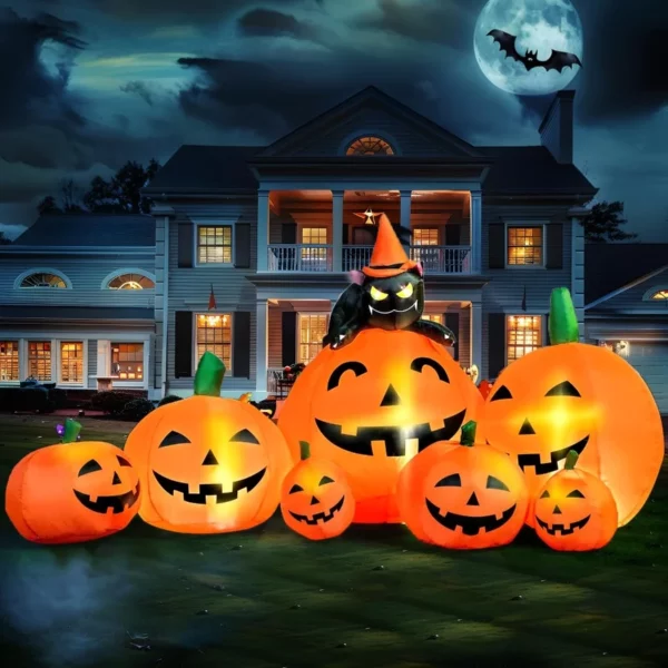 7FT Halloween Inflatable Pumpkins with Witch Cat, LED Light Up Blow Up Yard Decoration for Outdoor Lawn Garden Party