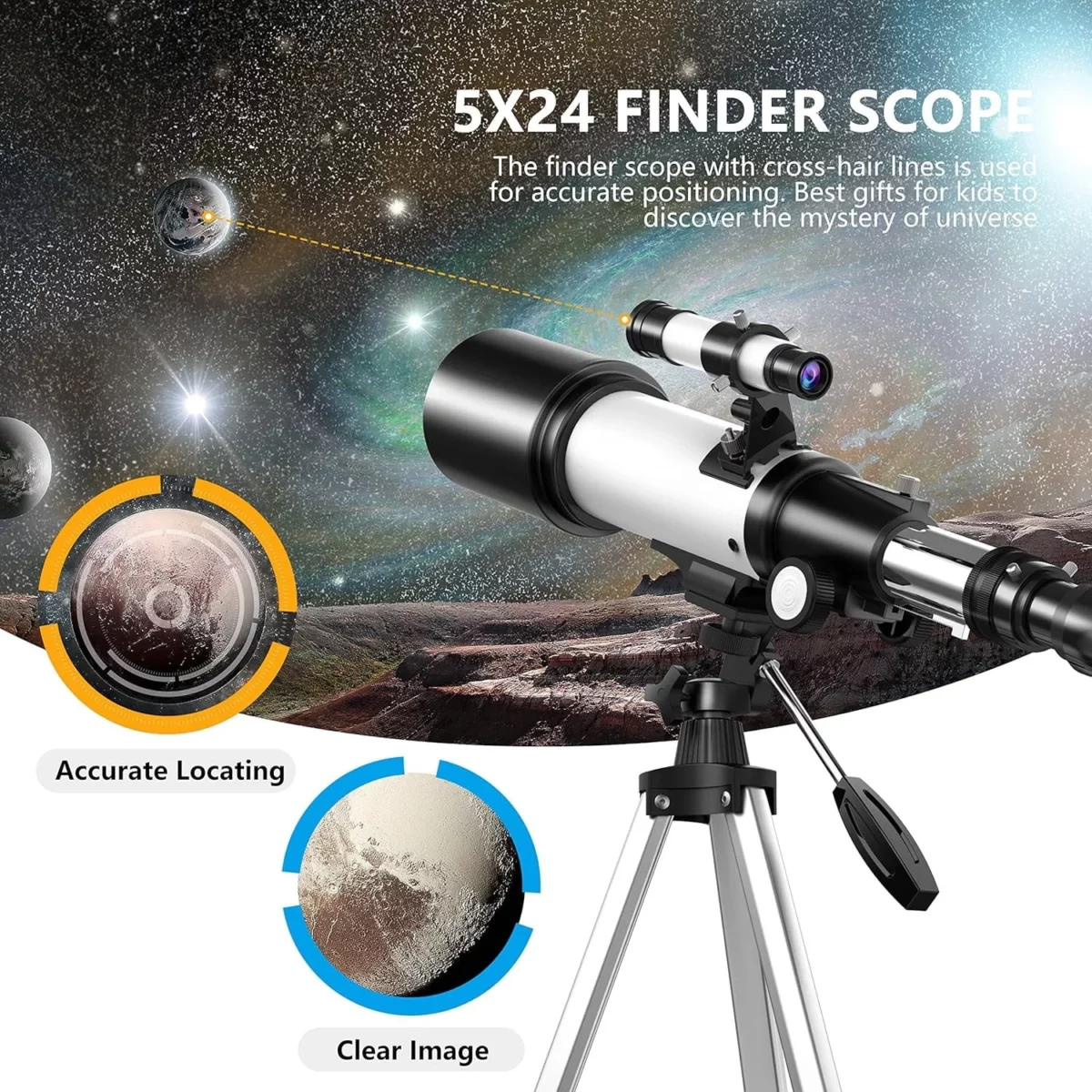 Juyafio Telescope 70mm Aperture Telescopes for Astronomy 16X 120X Magnification Telescopes for KidsAdults Portable Refractor Telescope with Adapter and Tripod 04