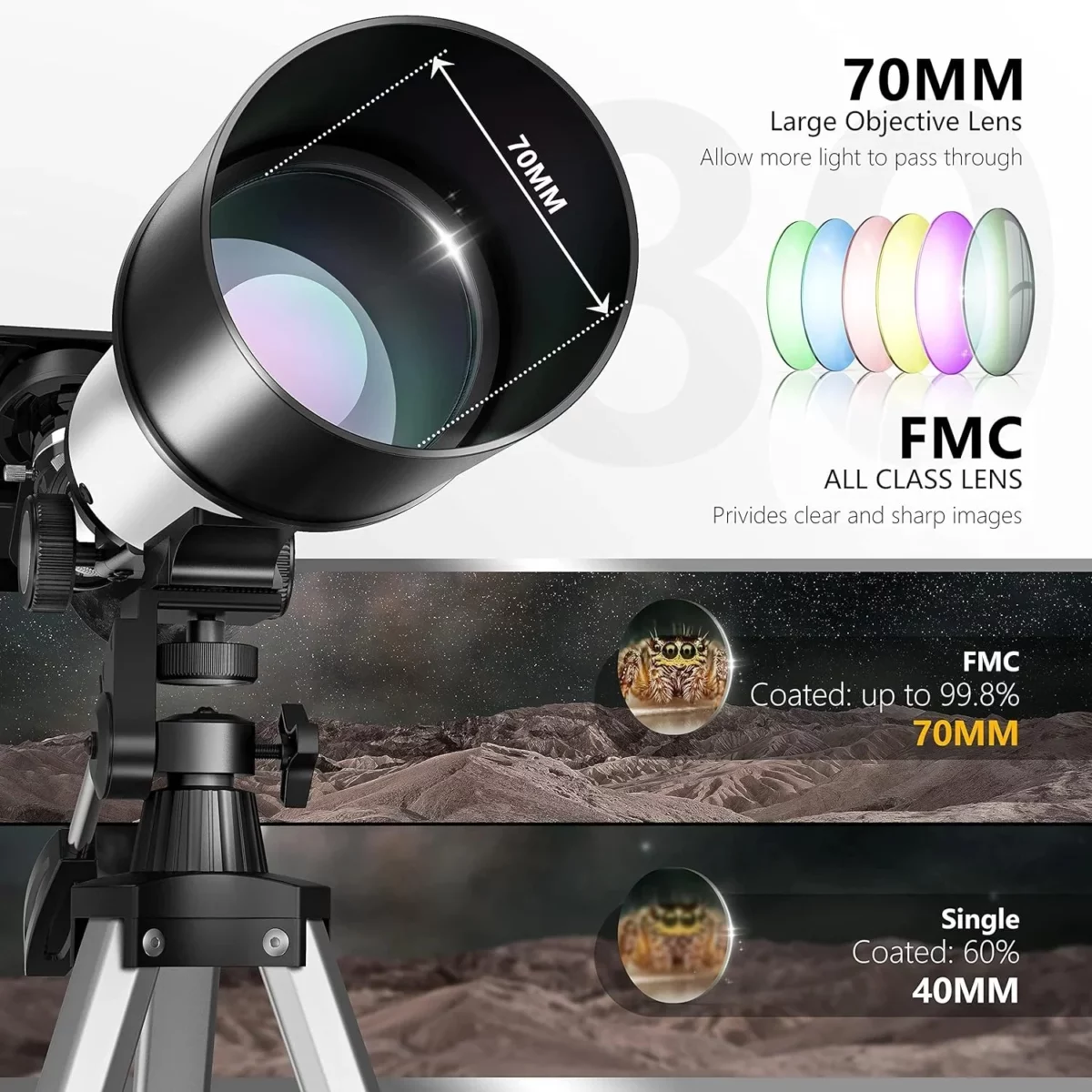 Juyafio Telescope 70mm Aperture Telescopes for Astronomy 16X 120X Magnification Telescopes for KidsAdults Portable Refractor Telescope with Adapter and Tripod 05