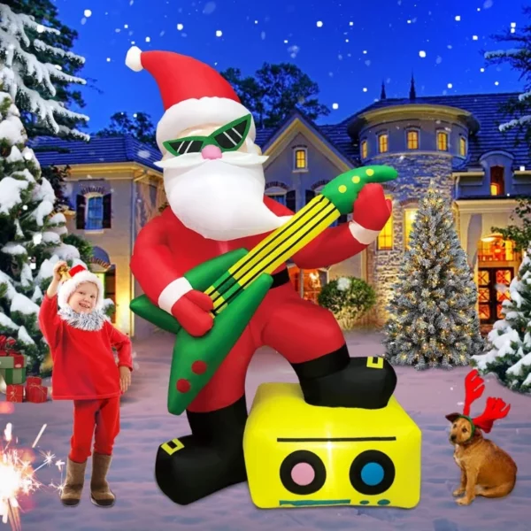 6FT LED Inflatable Santa Playing Guitar, Outdoor Blow Up Christmas Decorations for Garden, Lawn & Holiday Décor