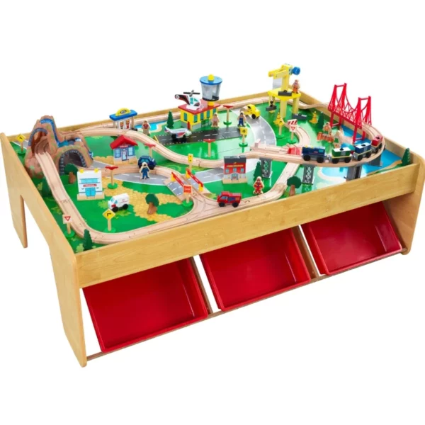 KidKraft 120 Piece Wooden Train Set & Table Waterfall Mountain Railway Playset With Tracks, Figures & 3 Handy Storage Bins