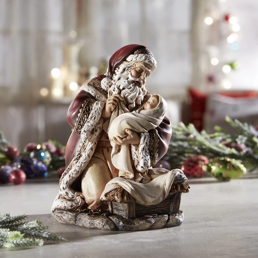 Kneeling Adoring Santa Claus Holding Infant Christ 7 Christmas Statue Figure Home Decoration - 03 Kneeling Adoring Santa Claus Holding Infant Christ 7 Christmas Statue Figure Home Decoration 03