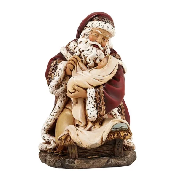 Kneeling Santa Claus Holding Infant Christ, 7" Christmas Statue, Beautiful Home Decoration For Holiday Spirit And Faith