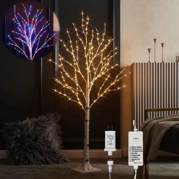 LITBLOOM Plug-in 4FT Lighted Birch Tree, 8 Modes 200 LED Warm White & Multi-Color Lights for Indoor Outdoor Bedroom Christmas Easter Decoration