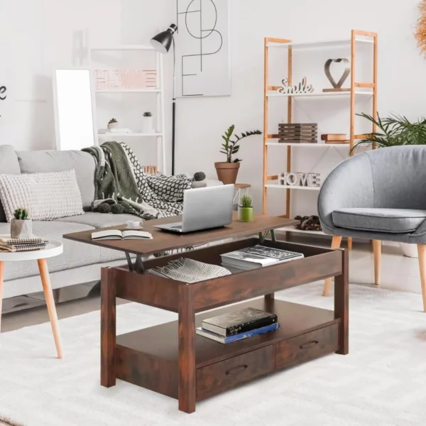 Lift Top Coffee Table with Hidden Compartment & 2 Storage Shelves - Living Room Dining Table with Rising Apartment Home
