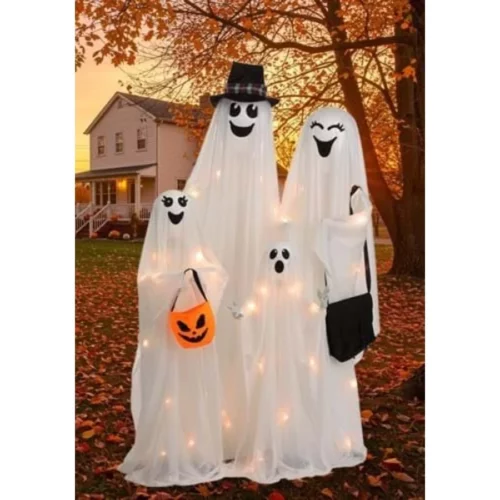 Light Up Ghost Family Halloween Decoration Set with Four Figures Stands and Battery Operated LED L 05