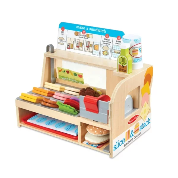 Melissa & Doug Slice-Stack-Serve Sandwich Counter, Wooden Pretend Play Food Set with Deli Slicer & Accessories for Kids 3+