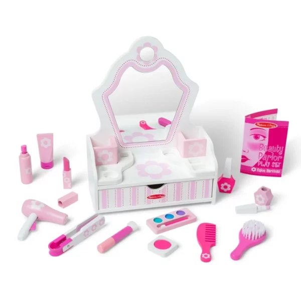 Melissa & Doug Wooden Beauty Salon Play Set – 18-Piece Pretend Vanity Toy with Makeup, Mirror & Accessories, Ages 3+, FSC Certified