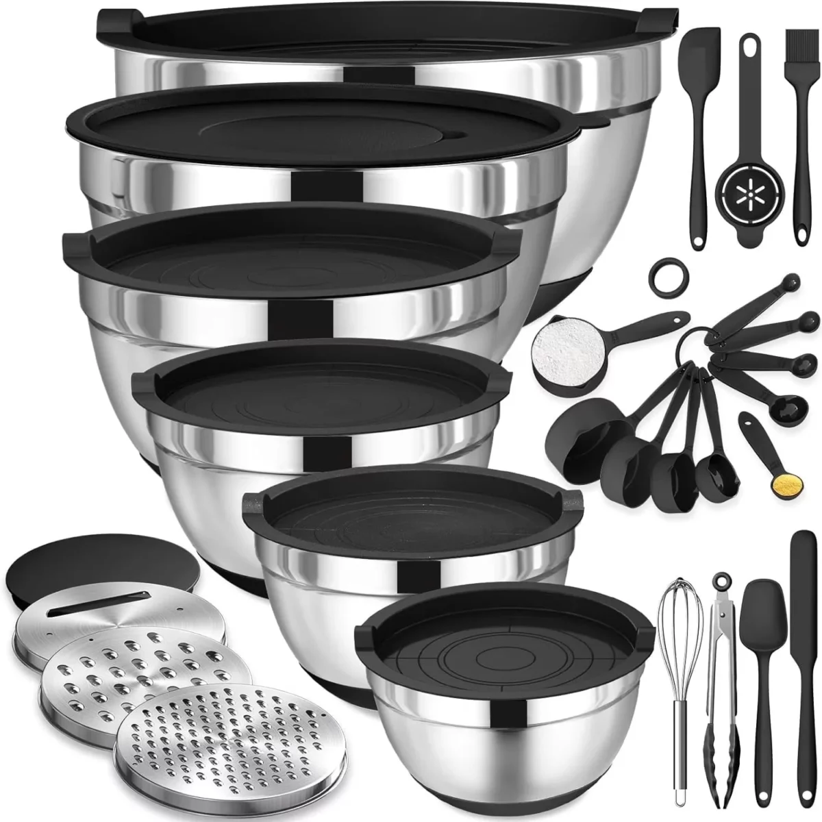 Mixing Bowls with Airtight Lids AOKIWO 26Pcs Stainless Steel Nesting Non Slip Bottoms Mixing Serving Bowls Set wtih 3 Grater Tools Gadgets 742.52.51.51QT Metal Salad Bowls for Serving Preppi 01