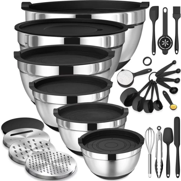 26PCS Mixing Bowls Set, Stainless Steel with Airtight Lids, Non-Slip Bottoms, 3 Grater Attachments & Kitchen Tools Black