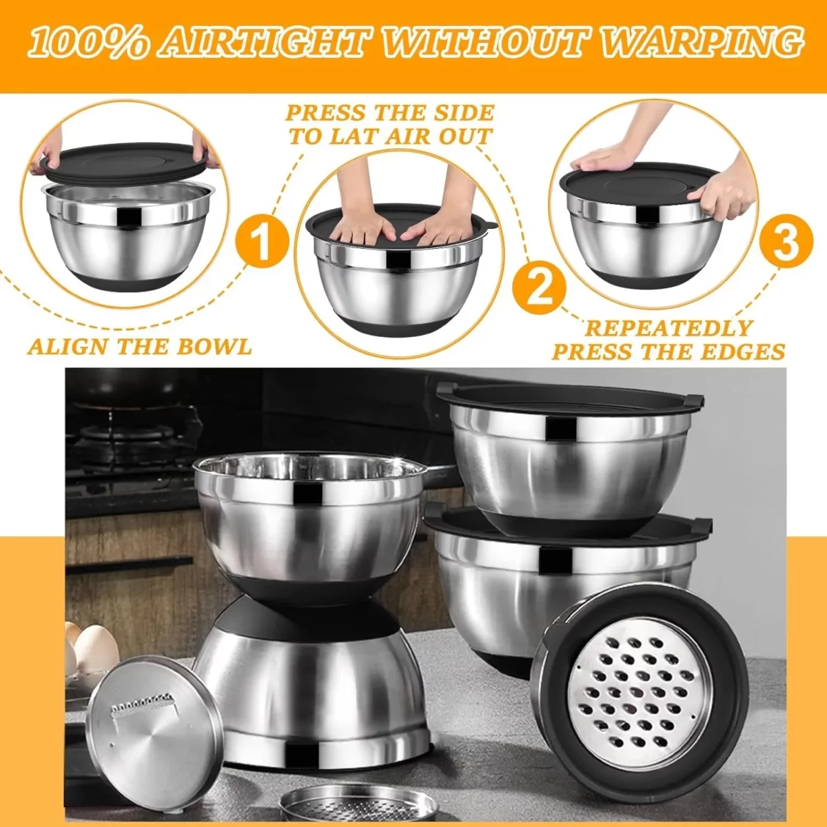 Mixing Bowls with Airtight Lids AOKIWO 26Pcs Stainless Steel Nesting Non Slip Bottoms Mixing Serving Bowls Set wtih 3 Grater Tools Gadgets 742.52.51.51QT Metal Salad Bowls for Serving Preppi 03